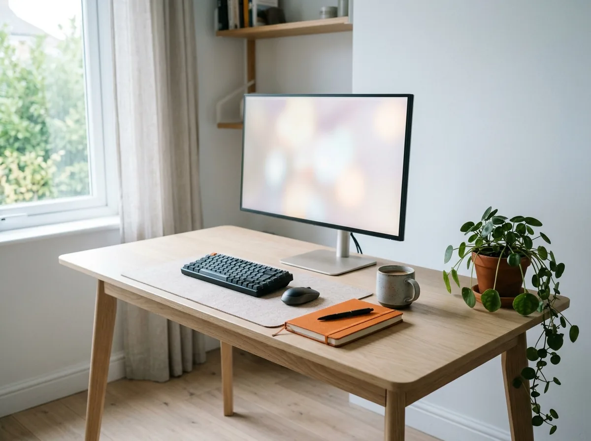 The ops desk — a pale wood desk with a softly glowing monitor, compact keyboard, coffee, and a trailing plant in cool window light