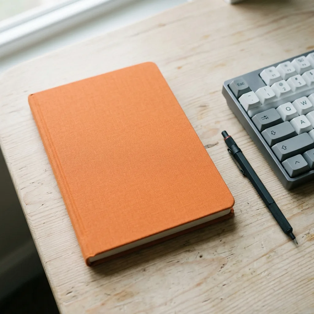 An orange hardcover notebook and mechanical pencil beside a keyboard on a pale wood desk